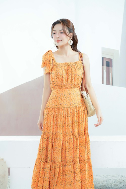 Sixdo Orange Floral Strappy Midi Silk Dress